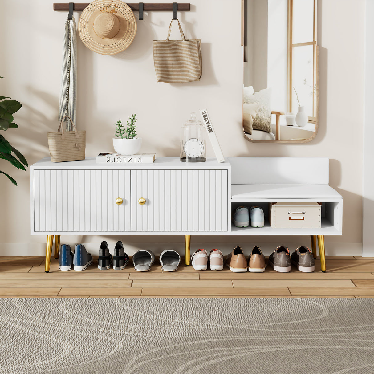 Modern Shoe Storage Bench with Hidden Storage and Upholstered Cushions for Bedside, Living Room and Entryway (White) - V.I.P Digital Presence