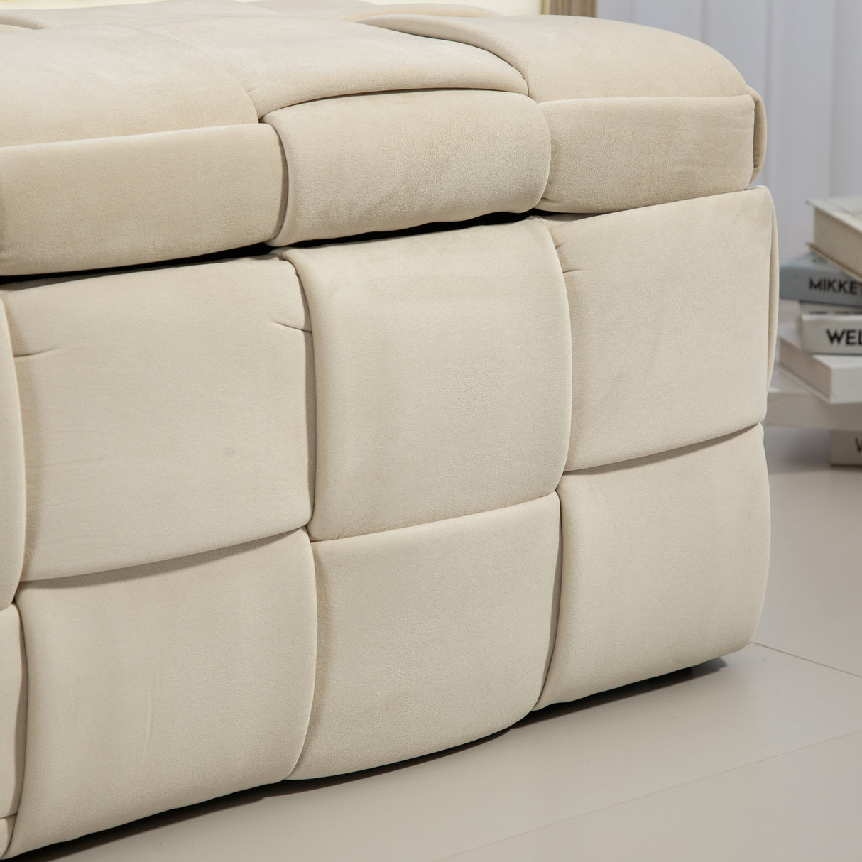 COOLMOR storage Ottoman chair, bedroom end stool, cushioned fabric entrance cushioned footstool with safety hinge (beige) - V.I.P Digital Presence