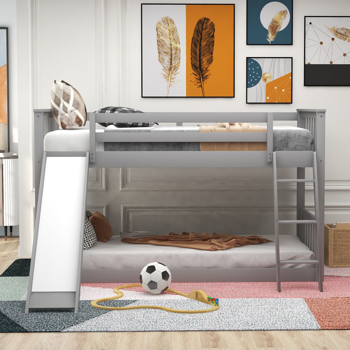 Twin over Twin Bunk Bed with Convertible Slide and Ladder Gray