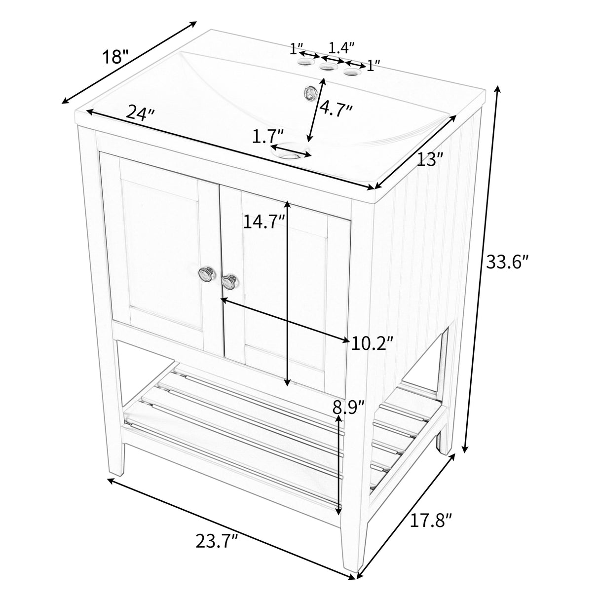 24" White Modern Sleek Bathroom Vanity Elegant Ceramic Sink with Solid Wood Frame Open Style Shelf - V.I.P Digital Presence