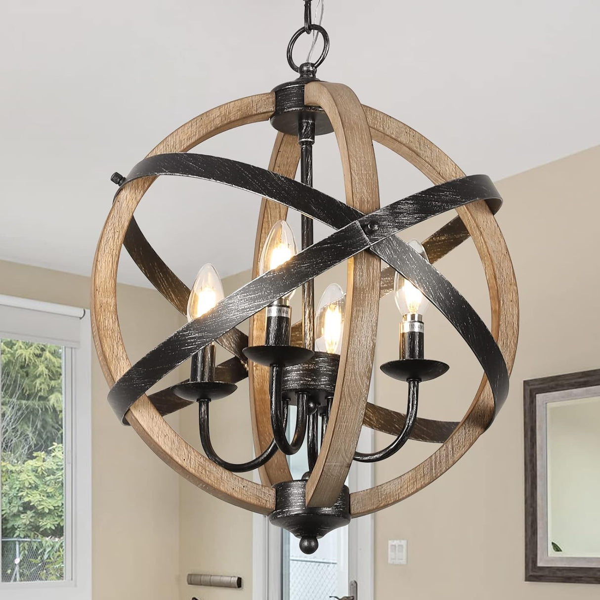 Farmhouse Chandelier Light Fixtures 4-Light Dining Room Light Fixtures Height Adjustable Rustic Wood Light - V.I.P Digital Presence