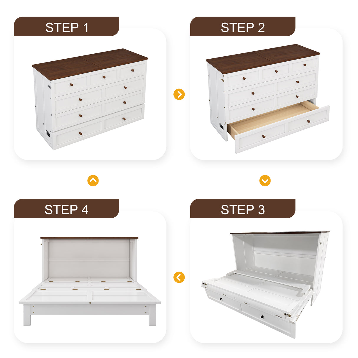 Solid Pine Murphy Bed Chest with Charging Station and Large Storage Drawer for Home Office or Small Room , Queen, White+Walnut - V.I.P Digital Presence