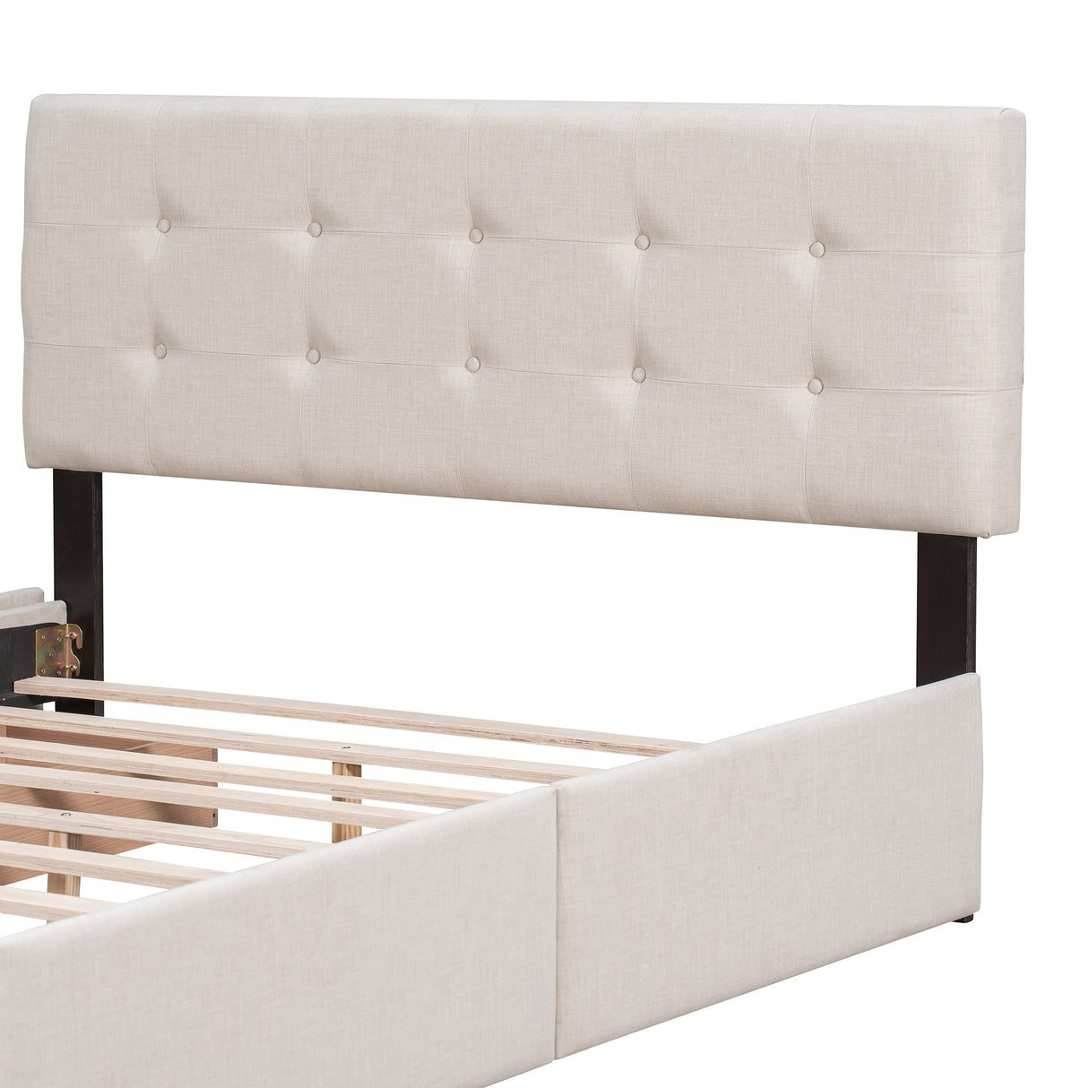 Upholstered Platform Bed with Classic Headboard and 4 Drawers No Box Spring Needed Linen Fabric Queen Size Beige - V.I.P Digital Presence