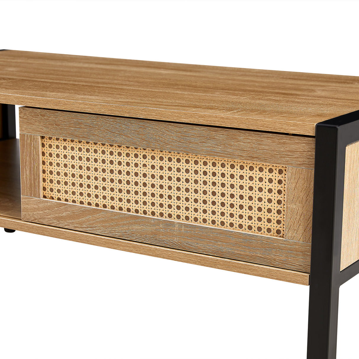 40.16" Rattan Coffee table, sliding door for storage, metal legs, Modern table for living room , natural - V.I.P Digital Presence