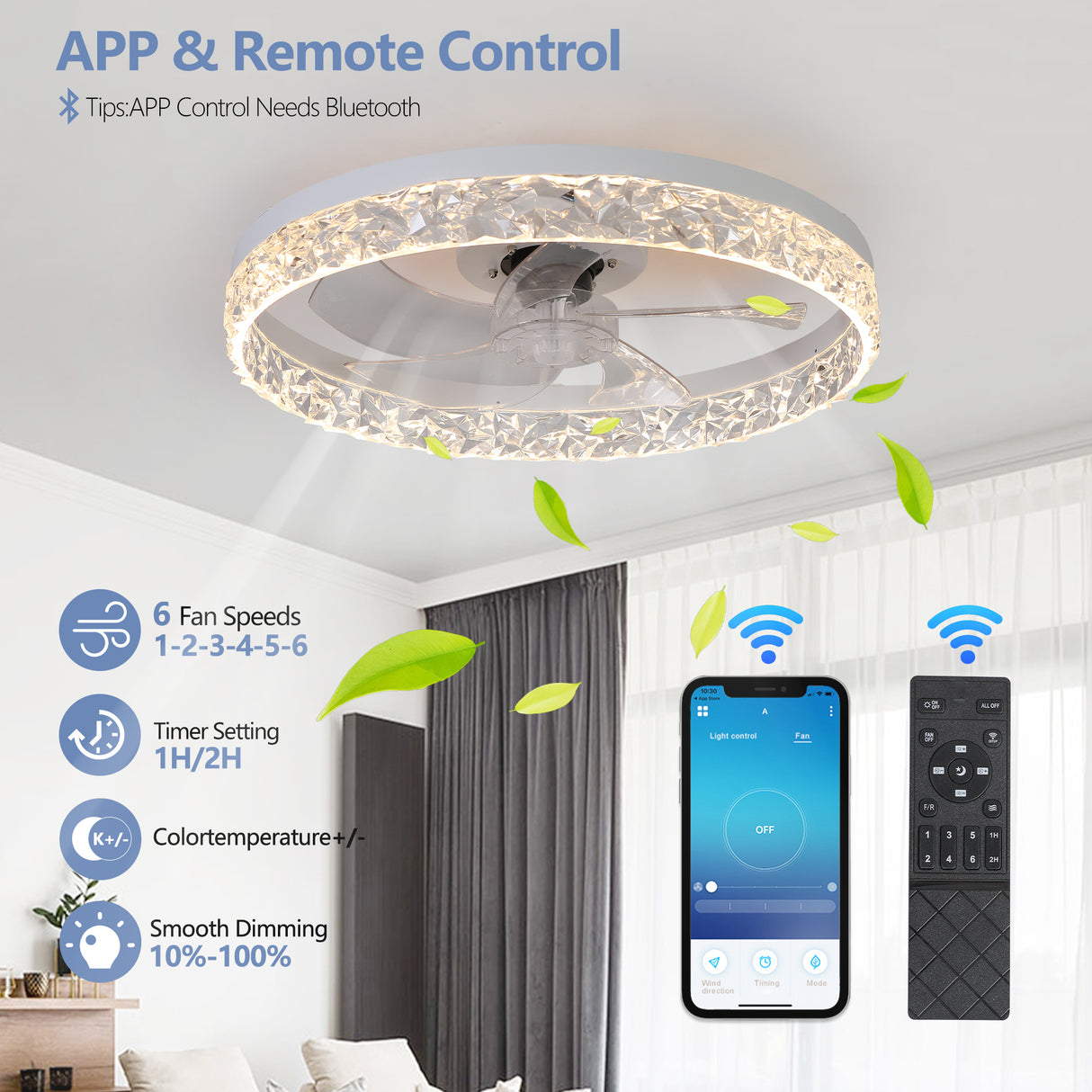 Modern acrylic ceiling fan light with remote control, dimmable LED pendant light, 6-speed adjustable, silent motor - V.I.P Digital Presence