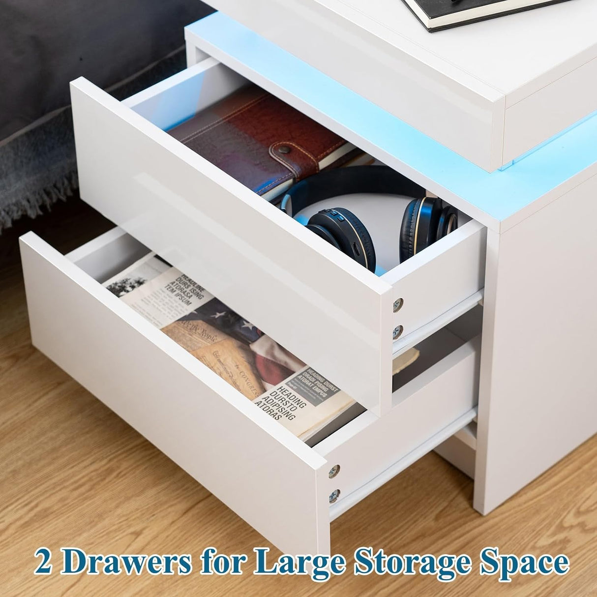 Modern white Nightstand With 2 Storage Drawers,Led Lights, End Table For Bedroom Furniture - V.I.P Digital Presence