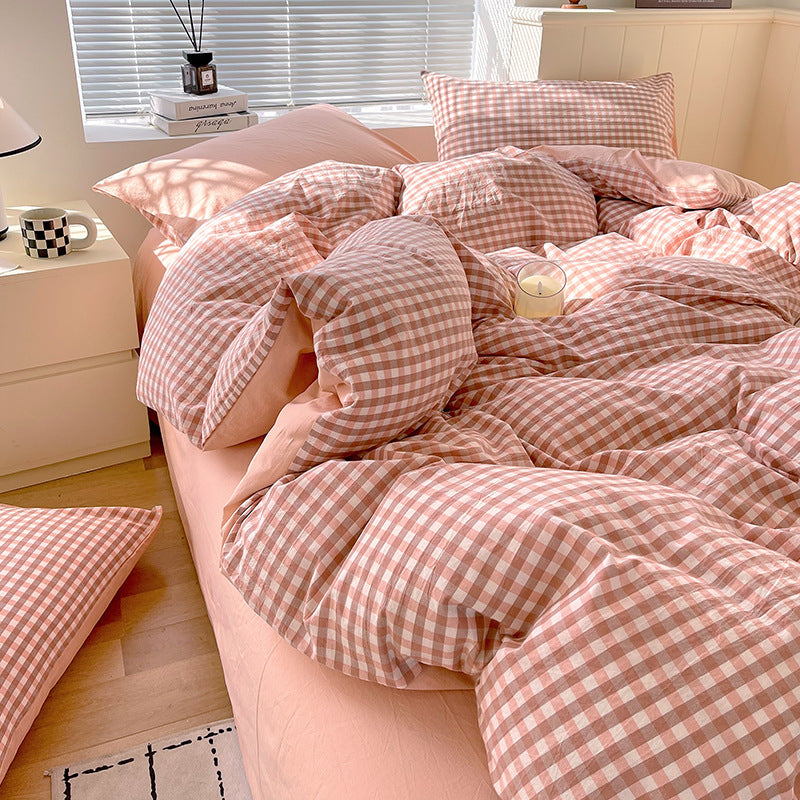 Juego de ropa de cama de algodón lavado teñido de algodón puro de clase A, sábana plana, funda de edredón, sábana ajustable, funda de edredón, juego de tres piezas a rayas