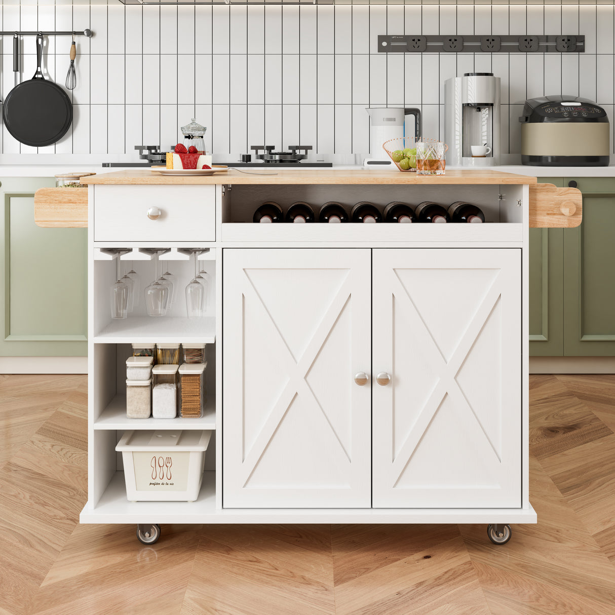44 Inch Kitchen Island Cart with Solid Wood Top, Wine Storage, Spice Rack, Towel Rack, Wine Glass Holder White & Oak - V.I.P Digital Presence