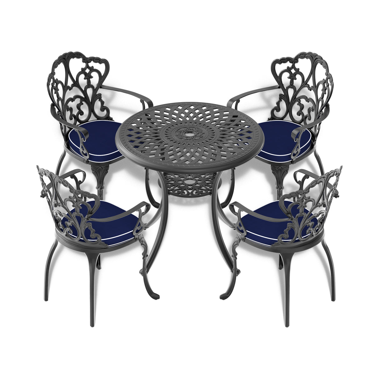 Ø30.71-inch Cast Aluminum Patio Dining Table With Black Frame and Umbrella Hole - V.I.P Digital Presence