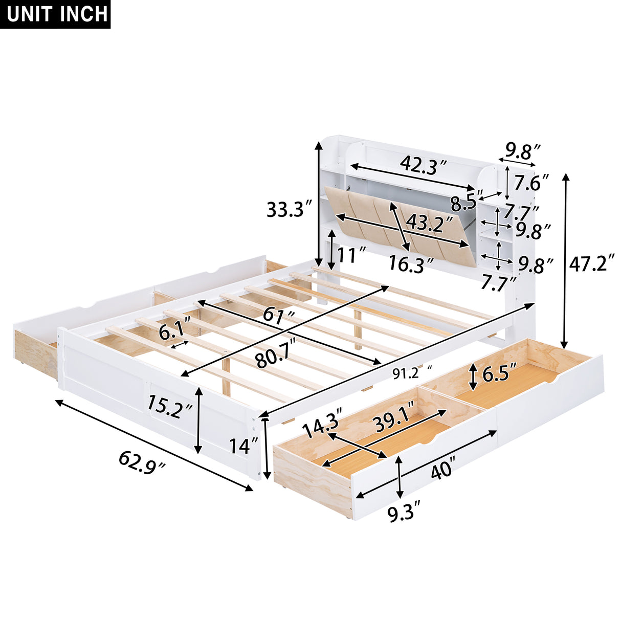 Wood Queen Size Platform Bed with Storage Headboard Shelves and 4 Drawers White
