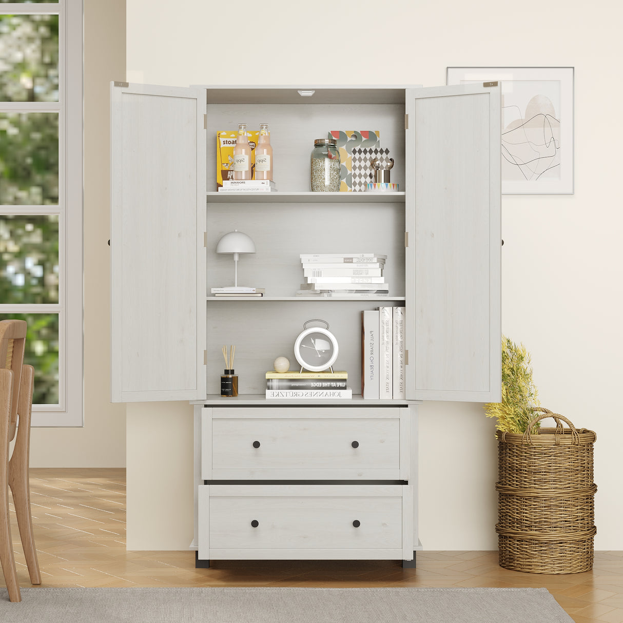 70 inch high kitchen pantry storage cabinet with 2 drawers and 3 shelves, large storage cabinet (antique white) - V.I.P Digital Presence