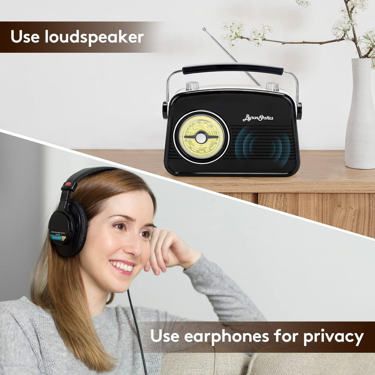 Black AM FM Radio - Small Portable Radios Vintage/Retro with Headphone Jack, Large Analog Rotary Tuning Dial - V.I.P Digital Presence