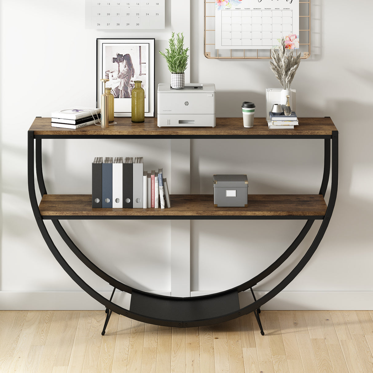 TREXM Rustic Industrial Design Demilune Shape Textured Metal Distressed Wood Console Table (Distressed Brown) - V.I.P Digital Presence