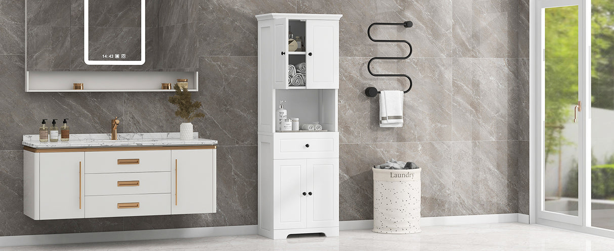 Tall Bathroom Cabinet with Four Doors, Large Storage Space Open Shelve, Upper Storage Cabinet, Whit - V.I.P Digital Presence