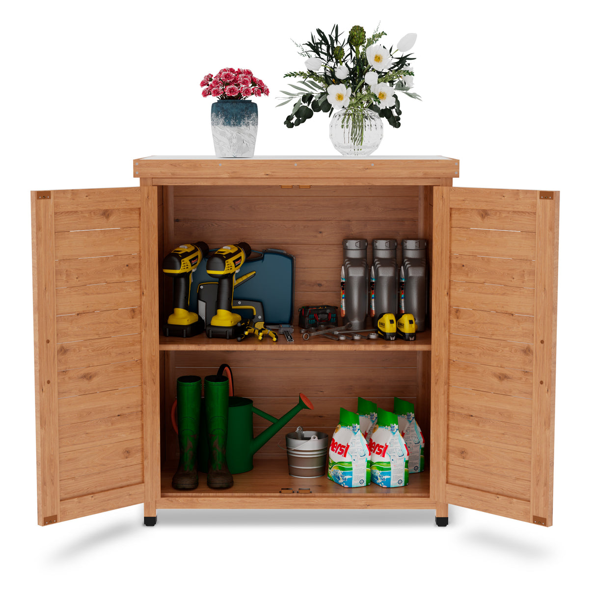 Potting Bench with Storage Cabinet and Metal Table Top for Outdoor Patio,Outdoor Work Station Table - V.I.P Digital Presence