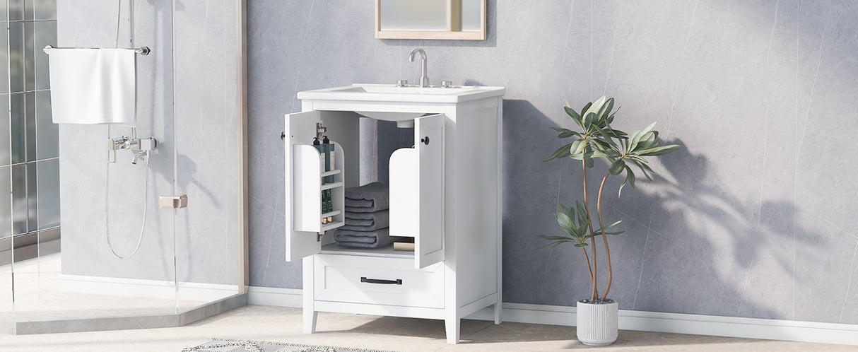 24" Bathroom Vanity with Sink, Bathroom Vanity Cabinet with One Drawer and Doors, Solid Wood and MDF, White - V.I.P Digital Presence
