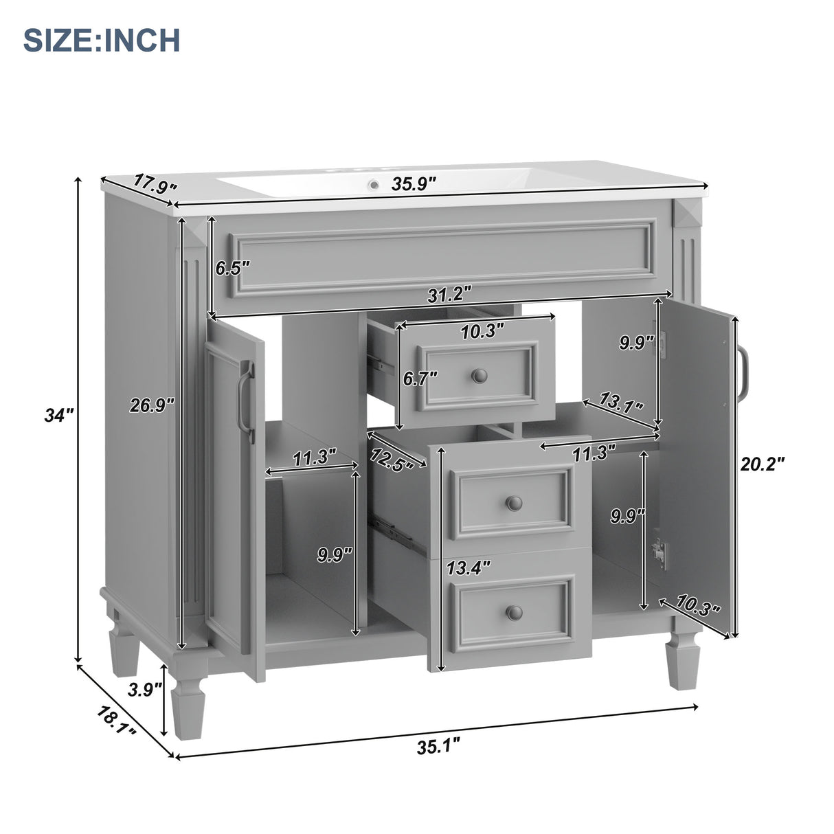 36'' Bathroom Vanity with Top Sink, Modern Bathroom Storage Cabinet with 2 Soft Closing Doors and 2 Drawers, Single Sink Bathroo - V.I.P Digital Presence