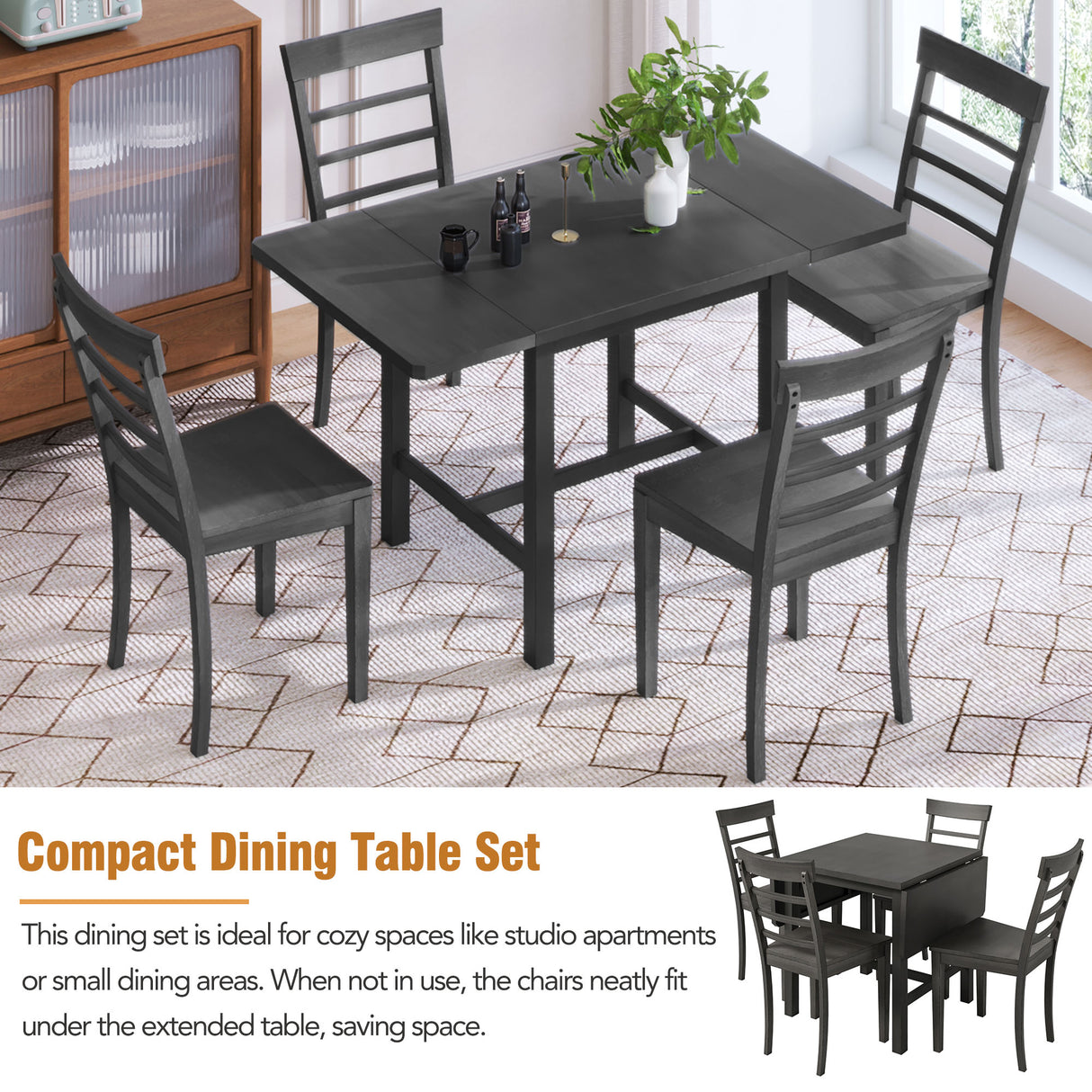 TOPMAX 5-piece square wooden pendant light expandable dining table set with 4 ladder back chairs Gray - V.I.P Digital Presence
