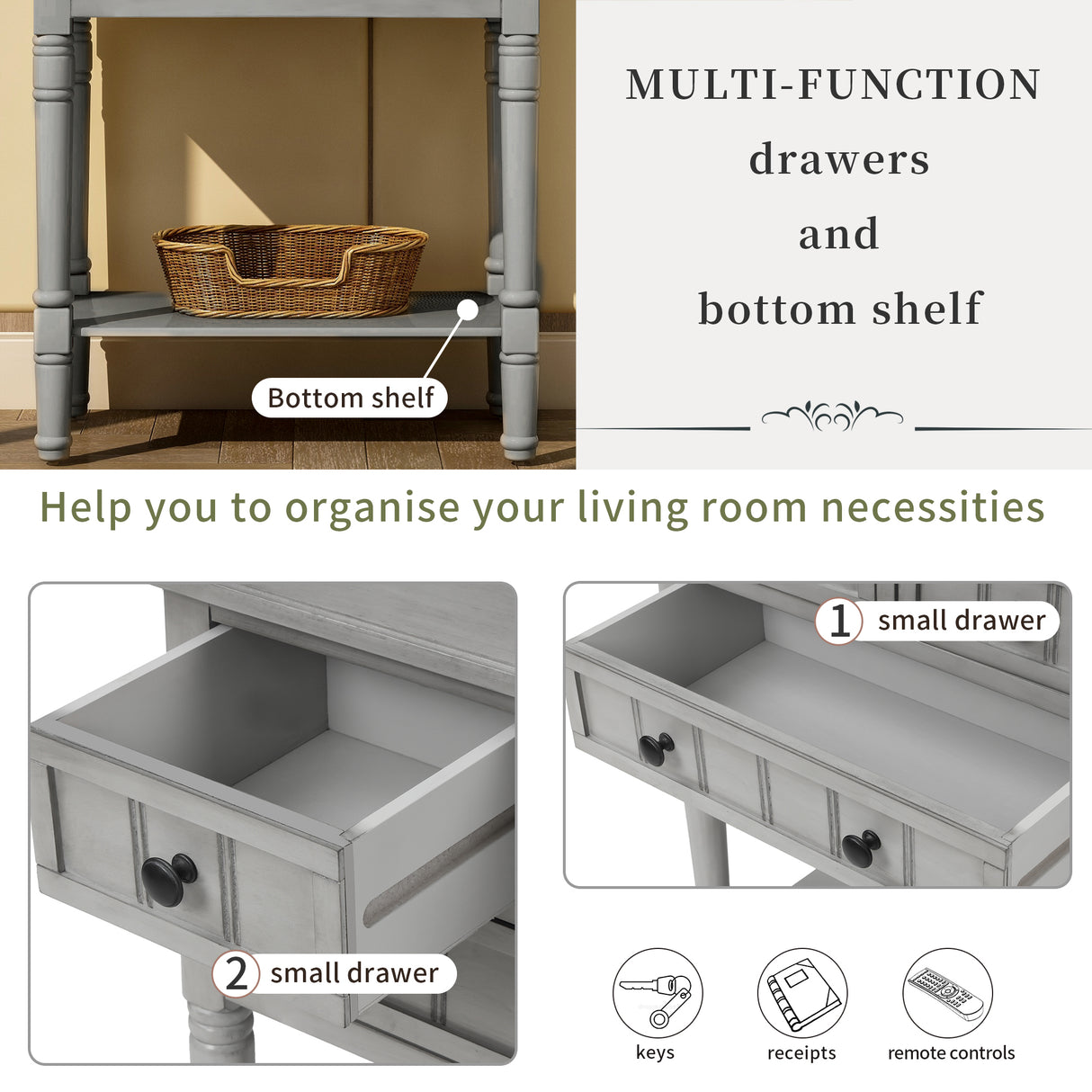 TREXM Narrow Console Desk, Thin Sofa Table with Three Storage Drawers and Living Room Bottom Shelves (Grey Washed) - V.I.P Digital Presence