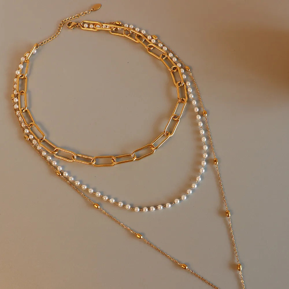 Synthetic Pearl Titanium Steel Three-Layered Necklace - V.I.P Digital Presence