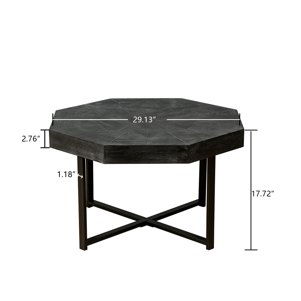 Wooden octagonal retro patchwork craft 30 inch wooden tabletop cross metal leg coffee table (Antique Black) - V.I.P Digital Presence