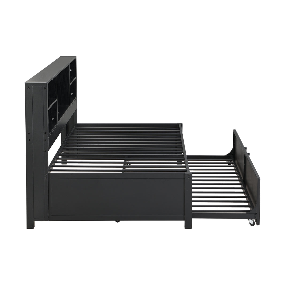 Metal Twin Size Daybed with Twin Size Trundle Storage Shelves and USB Ports Black