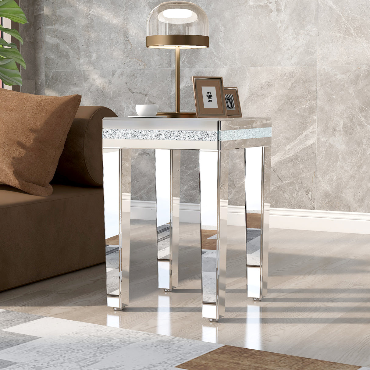ON-TRANS glass mirror edge table, easy to assemble crystal design and adjustable height leg edge table, silver - V.I.P Digital Presence