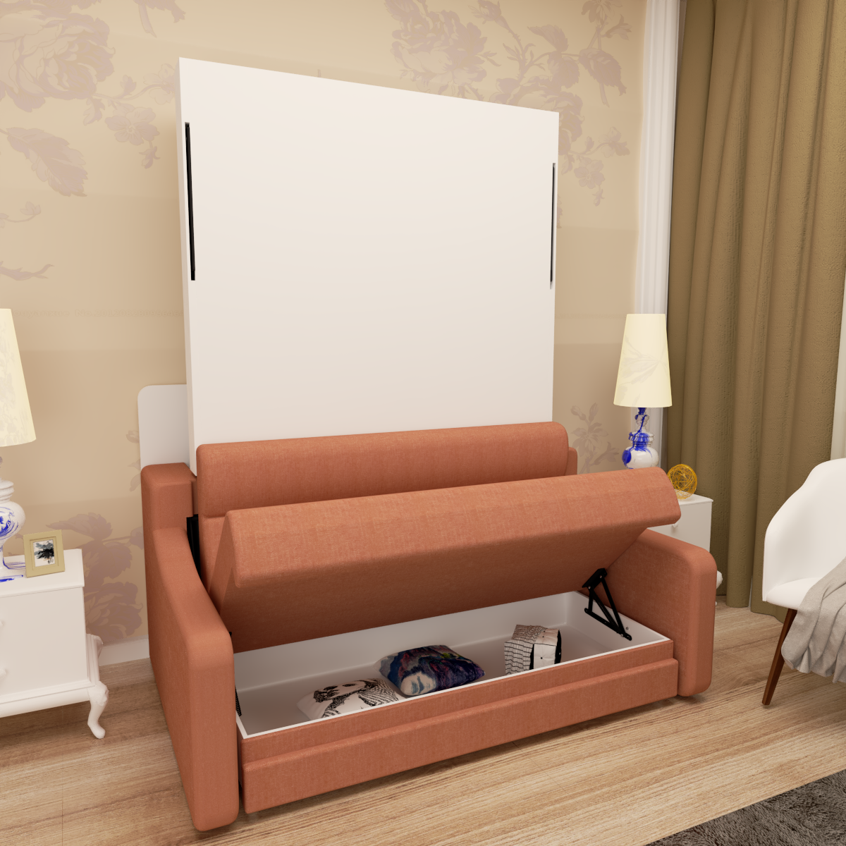 Full size Morden Deisgn vertical Murphy bed with sofa and drawers, white wall bed, space saving hidden bed with new gas pillars - V.I.P Digital Presence
