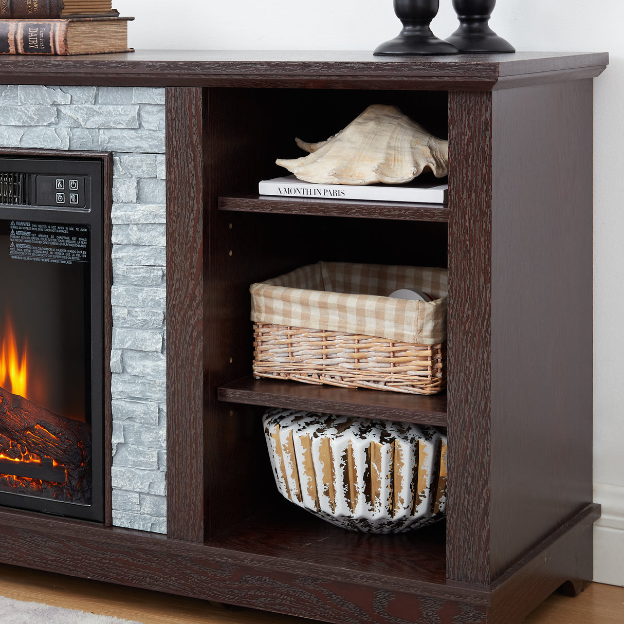 18 inch cherry colored fireplace with open entertainment console space, 58.31 inches wide, 15.39 inches deep, and 26.06 inches h - V.I.P Digital Presence