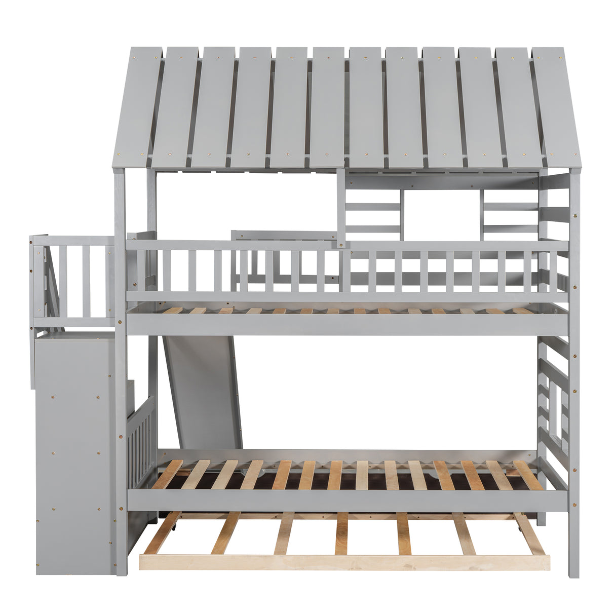 Twin over Twin House Bunk Bed with Trundle and Slide Storage Staircase, Roof and Window Design Gray