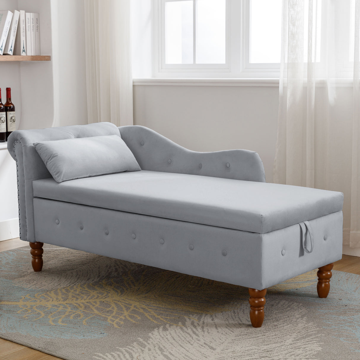 Grey Chaise Lounge Indoor Velvet Lounge Chair for Bedroom with Storage & Pillow Modern Upholstered Rolled Arm Chase Lounge - V.I.P Digital Presence