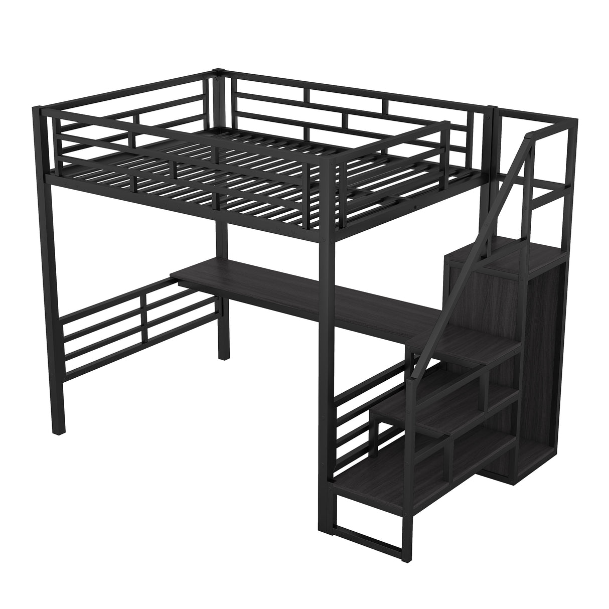 Full Size Metal Loft Bed with Desk, Storage Staircase and Small Wardrobe, Storage stairs can be installed left and right,Black - V.I.P Digital Presence