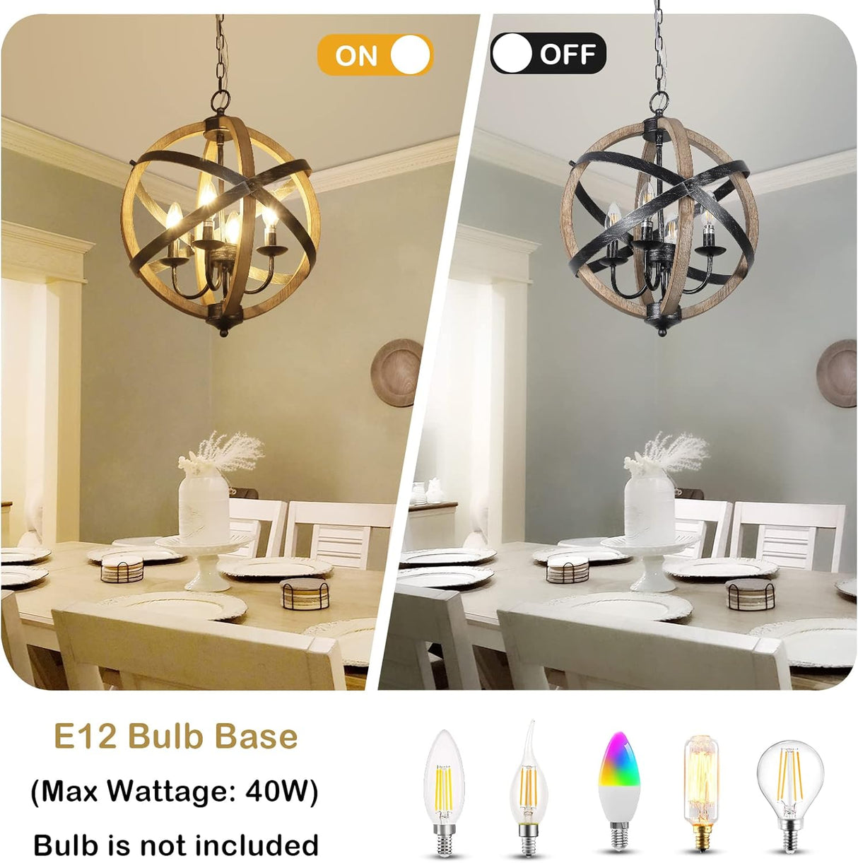 Farmhouse Chandelier Light Fixtures 4-Light Dining Room Light Fixtures Height Adjustable Rustic Wood Light - V.I.P Digital Presence