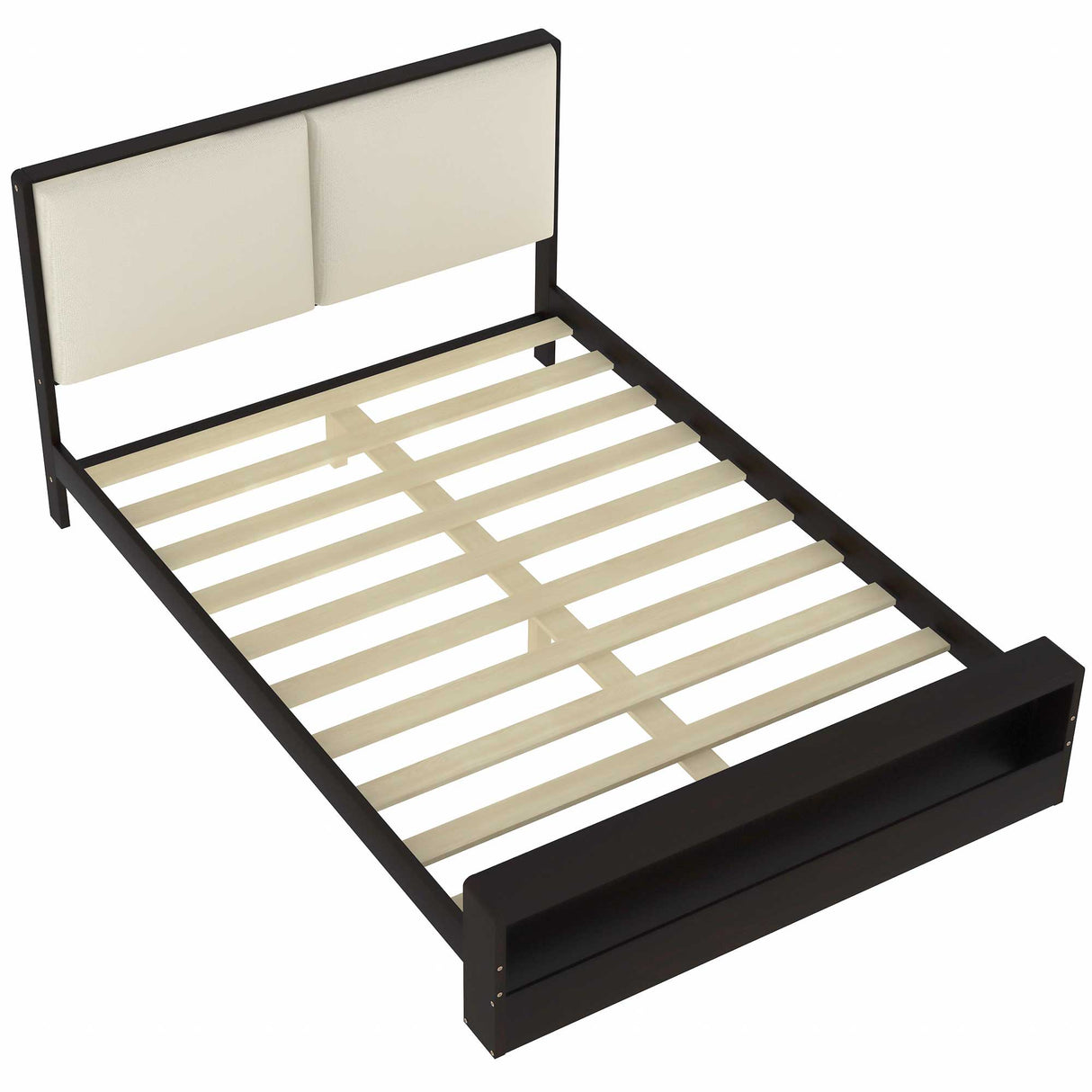 Queen Size Platform Bed Frame with Upholstery Headboard and Bookshelf in Footboard and LED Light Strips, Espresso - V.I.P Digital Presence