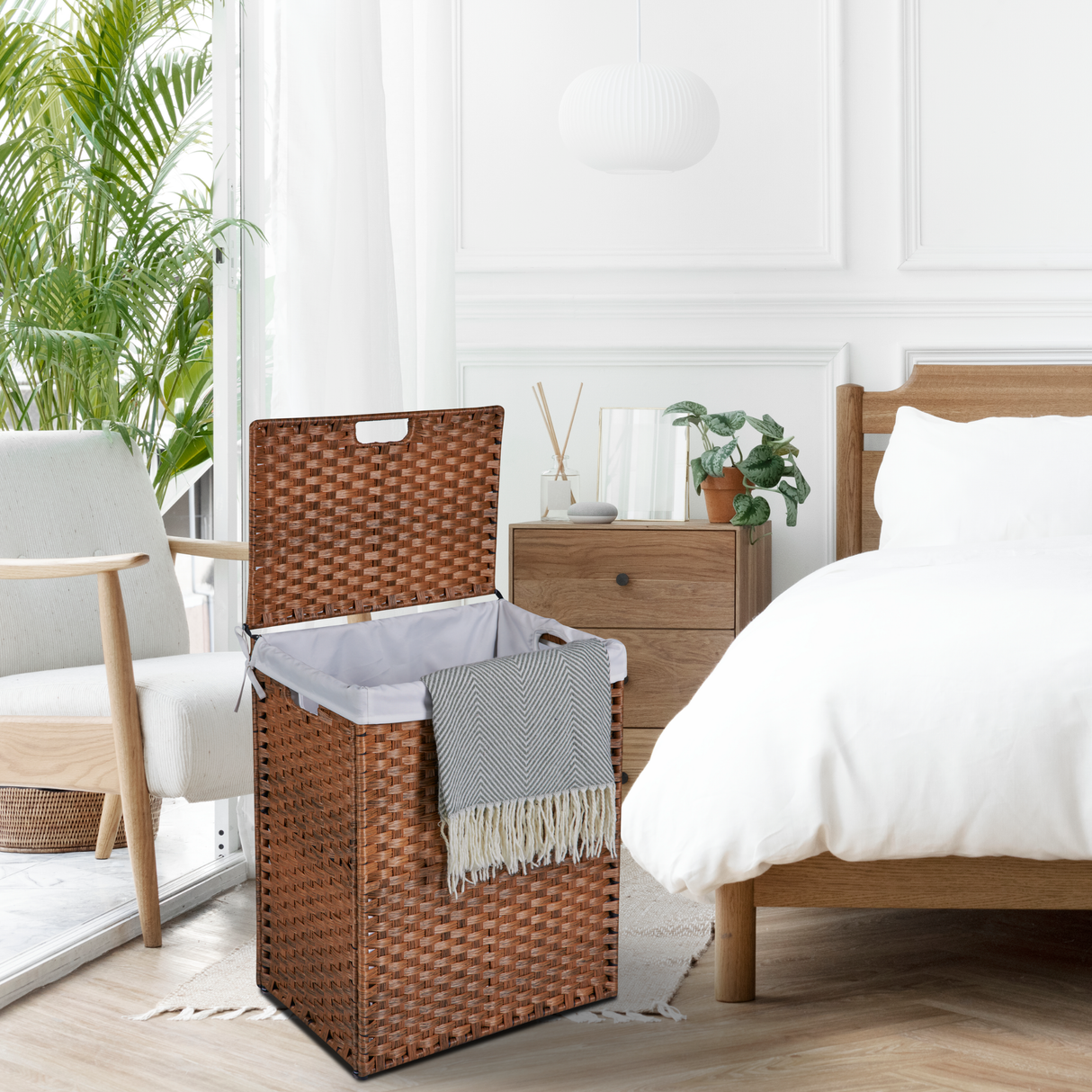Laundry Hamper With Lid PE Rattan Powder Coating Frame Clothes Hampers with 02 Removable Bags, 100L, Brown Color - V.I.P Digital Presence