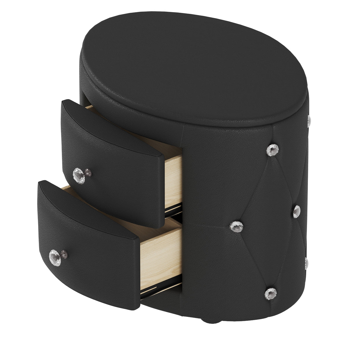 Elegant PU Nightstand with 2 Drawers and Crystal Handle,Fully Assembled Except Legs&Handles,Storage Bedside Table - Black - V.I.P Digital Presence