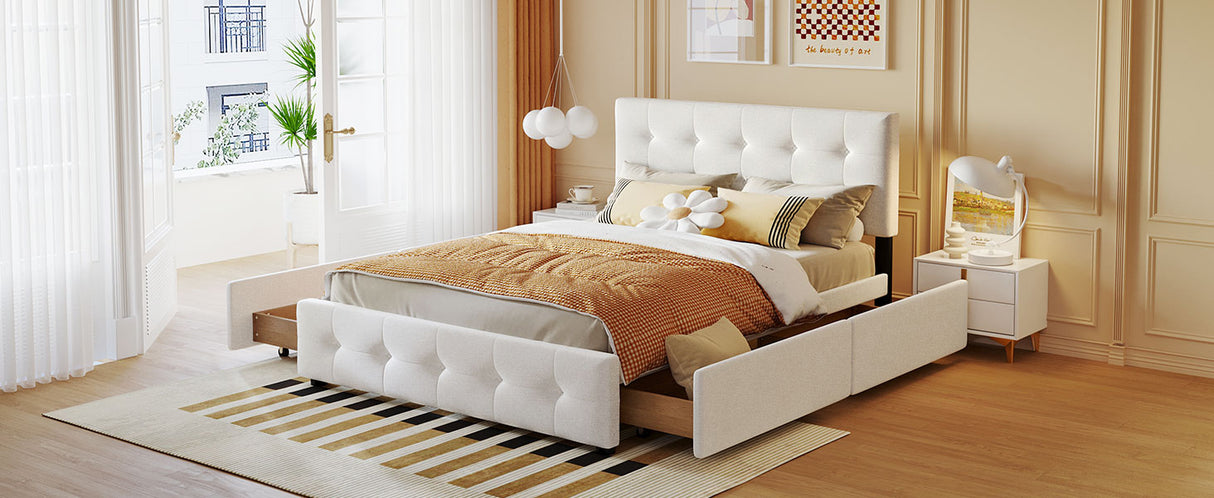 Upholstered Platform Bed with Classic Headboard and 4 Drawers No Box Spring Needed Linen Fabric Queen Size White - V.I.P Digital Presence