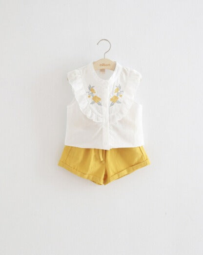 INS Children's Clothing Girls Embroidered Flowers Ruffled Lace Sleeveless Shirt Two-Color Shorts Set - V.I.P Digital Presence