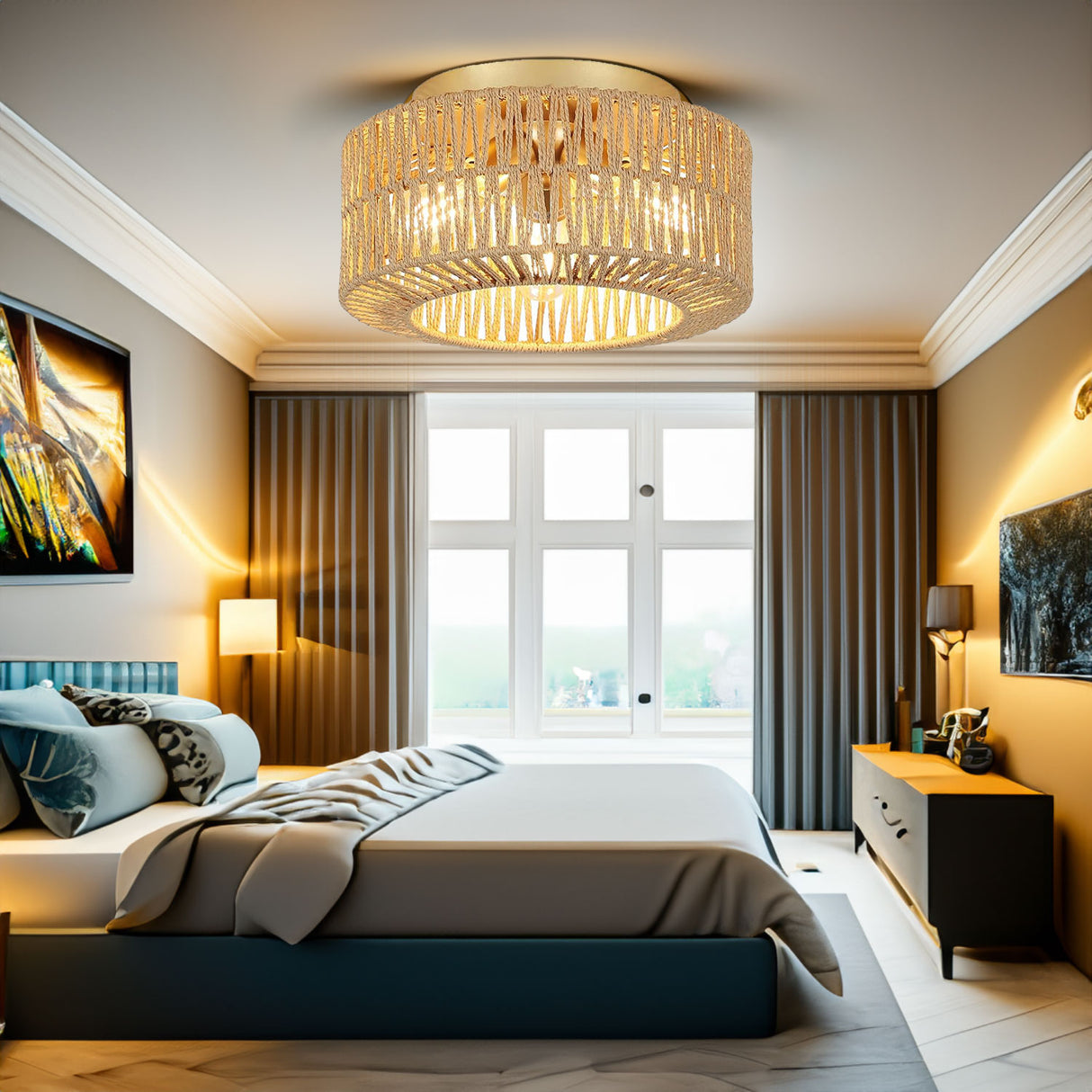 Boho Light Fixtures Ceiling Mount 3-Light Farmhouse Rattan Ceiling Light Fixture Flush Mount Ceiling Light with Hand-Woven Shade - V.I.P Digital Presence