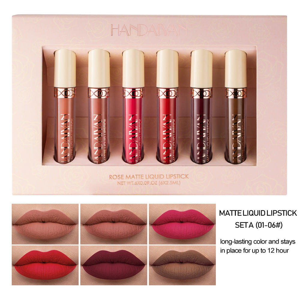 HANDAIYAN 6 Matte Rose Lip Gloss Liquid Lipstick Not Easy to Dip Cup Matte Lip Gloss Set Gift Box - V.I.P Digital Presence