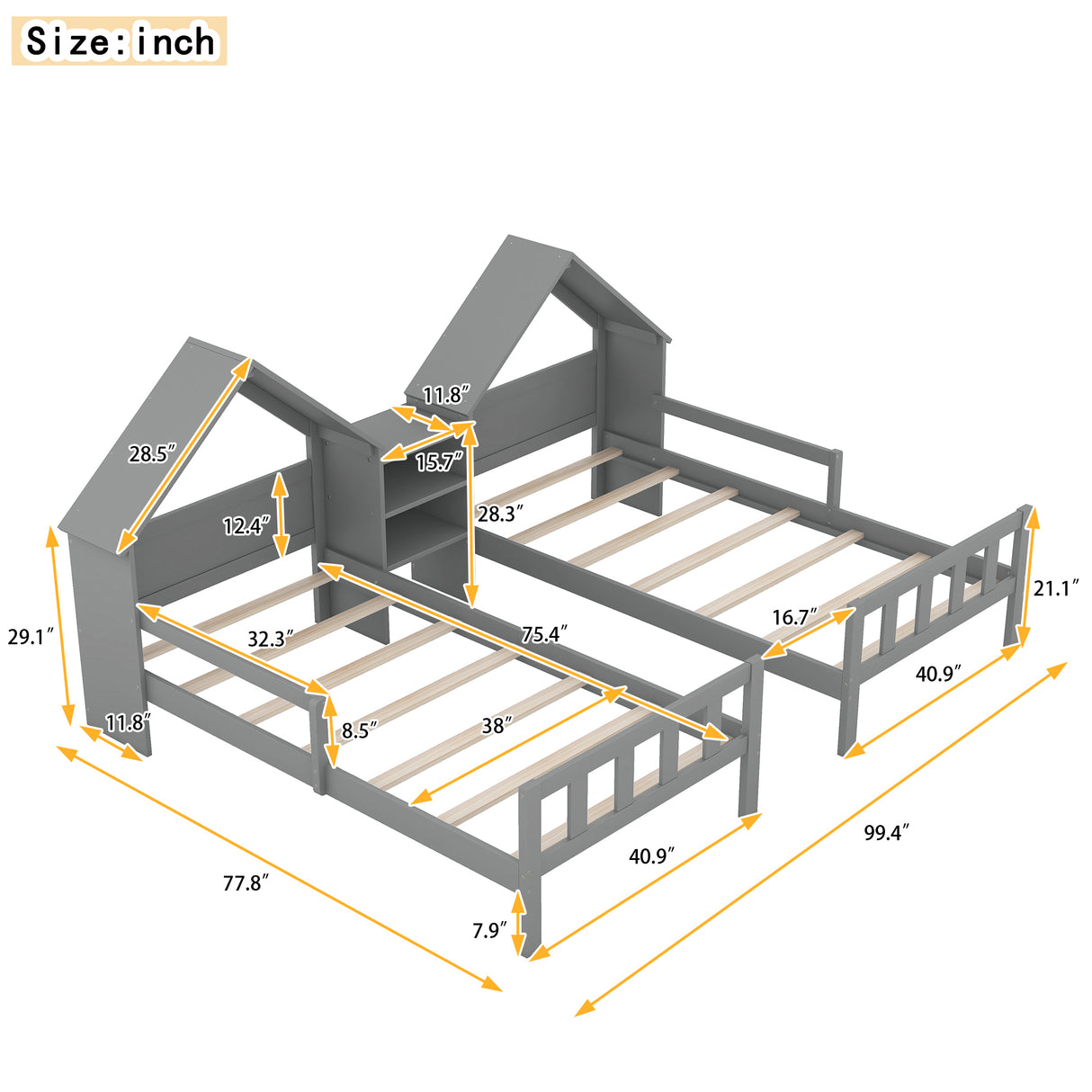 Double Twin Size Platform Bed with House-shaped Headboard and a Built-in Nightstand Grey