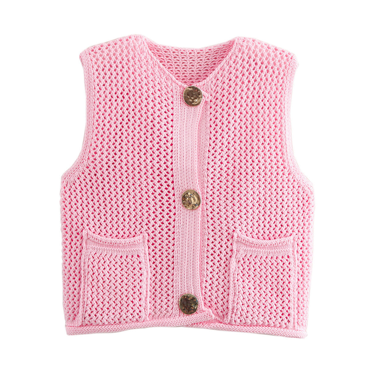 Street Fashion Crochet Hollow Vest Solid Color Versatile Round Neck Jacket - V.I.P Digital Presence