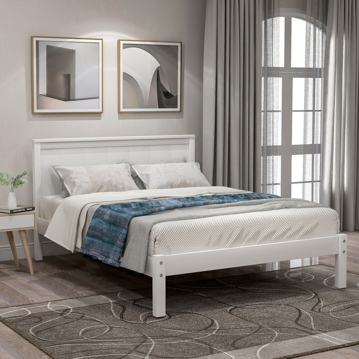Platform Bed Frame with Headboard Wood Slat Support No Box Spring Needed Twin White