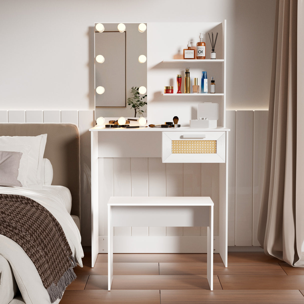 Vanity Desk Set Stool & Dressing Table with LED Lighting Mirror Drawer and Wood Cosmetic Table Chest of Drawers White Color - V.I.P Digital Presence