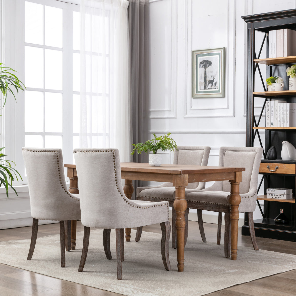 Ultra Side Dining Chair Thickened fabric chairs with neutrally toned solid wood legs Bronze nail head Set of 2 Beige