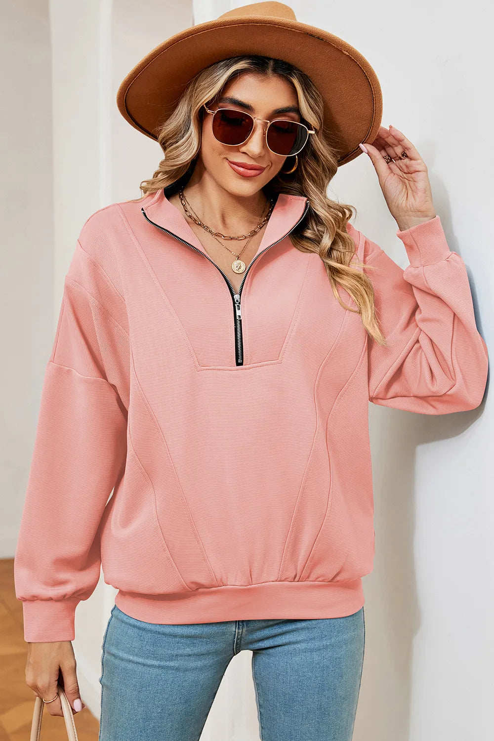 Autumn and winter new solid color zipper long sleeved loose pullover sweatshirt jacket for women - V.I.P Digital Presence