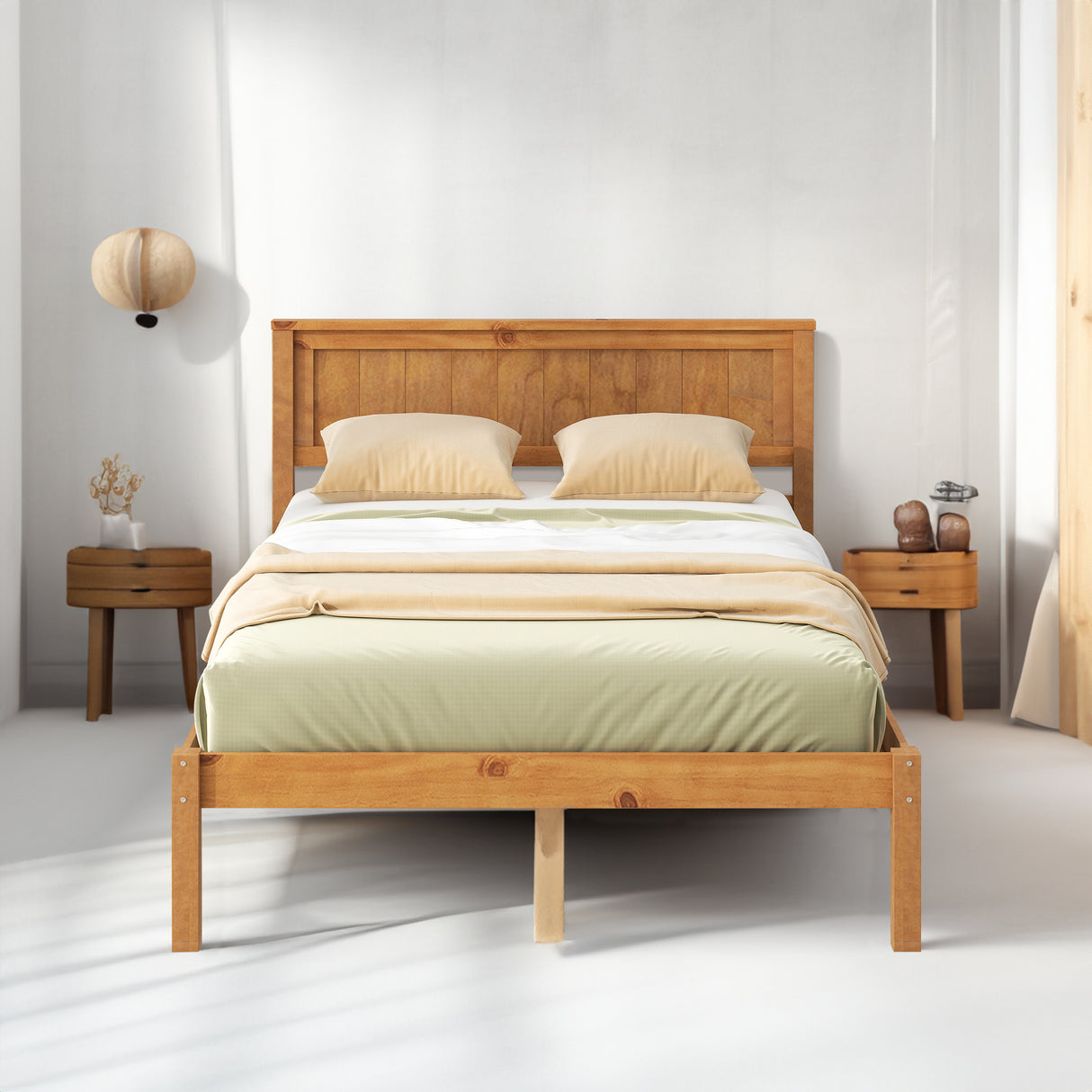 Platform Bed Frame with Headboard, Wood Slat Support No Box Spring Needed Full Oak