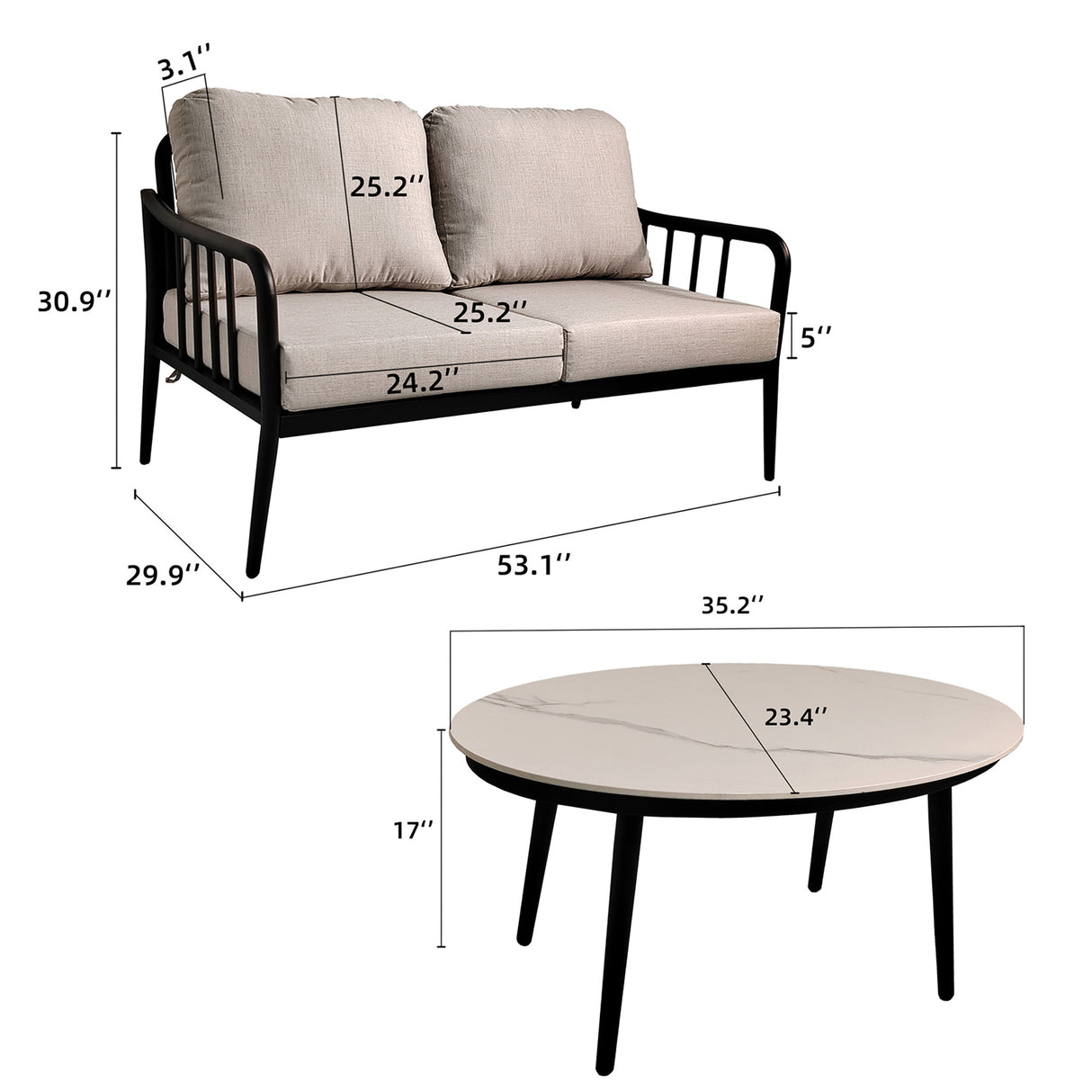 2PC Outdoor Aluminum Patio Furniture Modern Loveseat Sofa Conversation/Chat Set - V.I.P Digital Presence