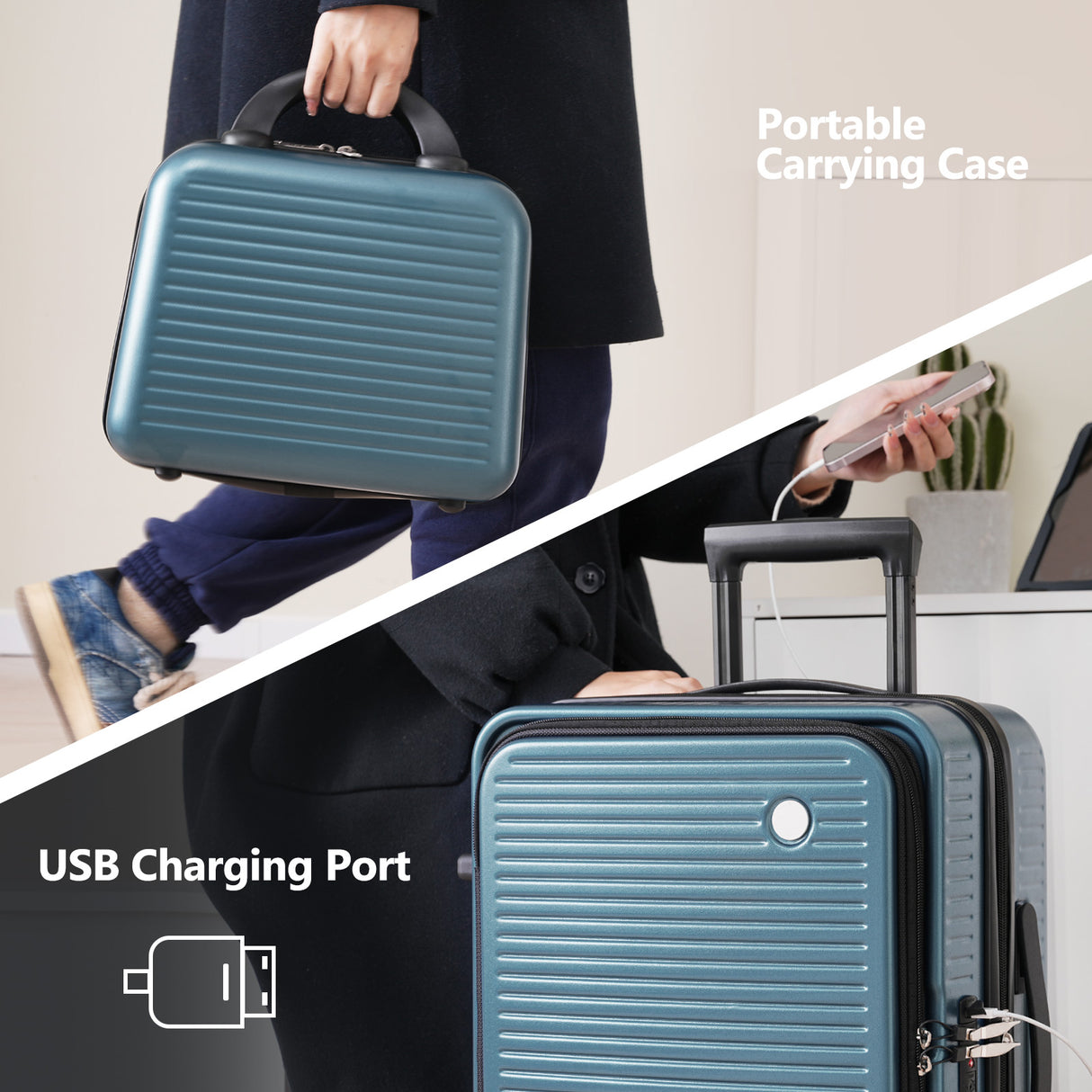 Carry-on Luggage 20 Inch Front Open Luggage Lightweight Suitcase with Front Pocket and USB Port, 1 Portable Carrying Case Blue