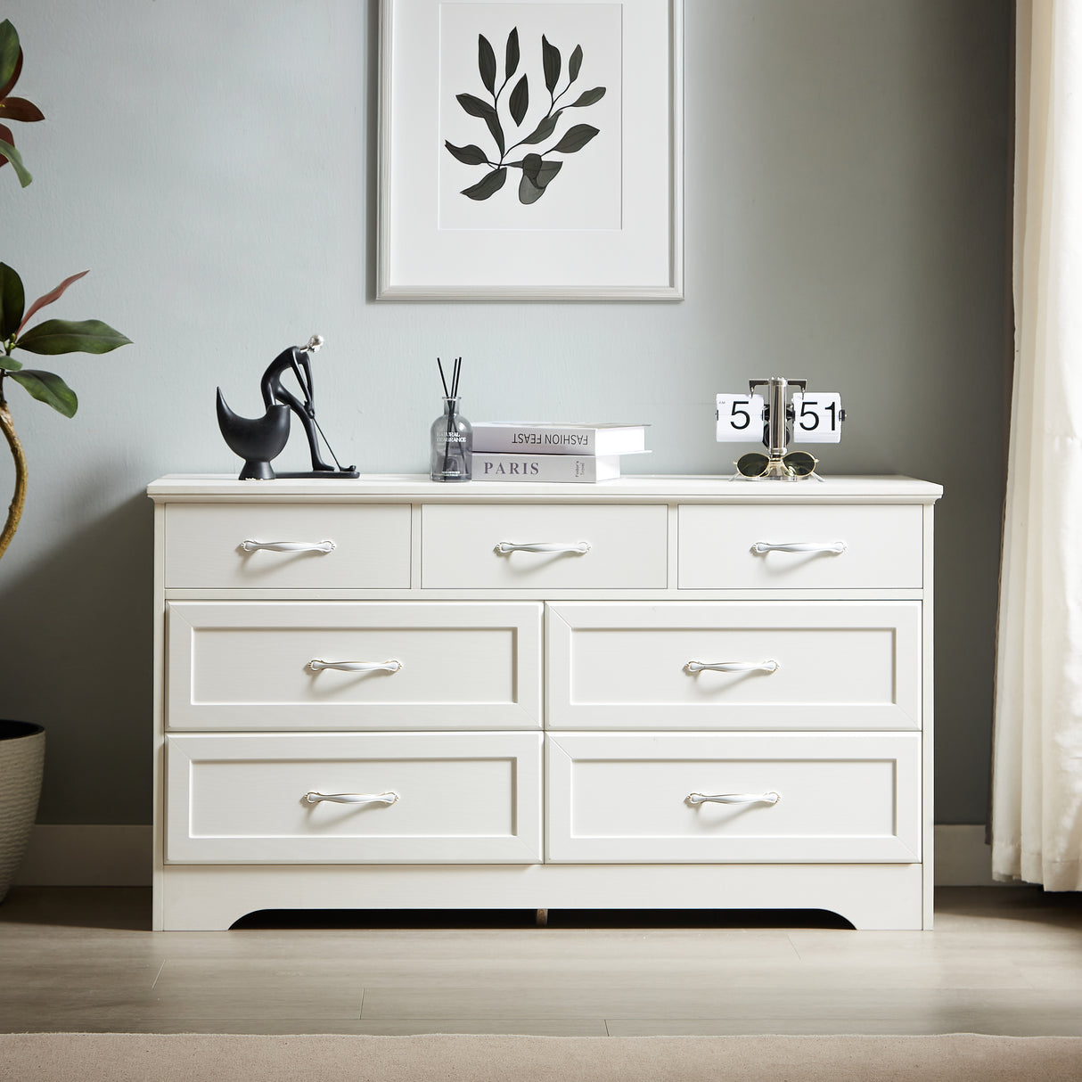 Modern 3 Drawer Bedroom Chest of Drawers with 7 Drawers Dresser Clothes Organizer -Metal Pulls White, 47.6″L x 15.7″W x 26.6″H - V.I.P Digital Presence